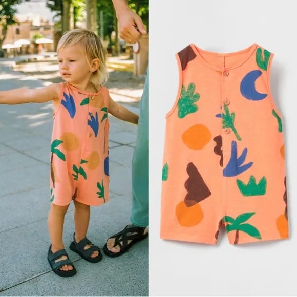 ZARA Shape Print Overalls Pale Orange Toddler Size 2-3 Year 38.6”