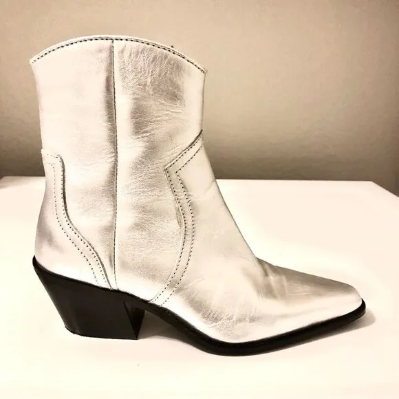 ZARA Silver Metallic Leather Cowgirl Ankle Boots 7.5 MSRP $199