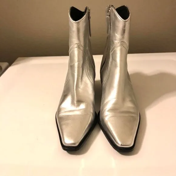 ZARA Silver Metallic Leather Cowgirl Ankle Boots 7.5 MSRP $199