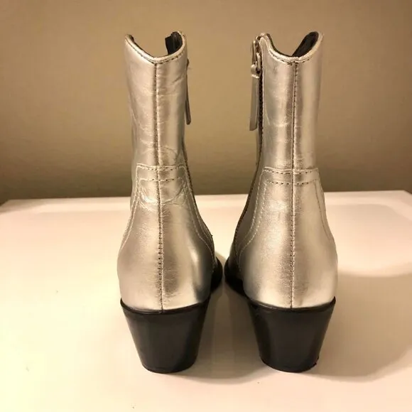 ZARA Silver Metallic Leather Cowgirl Ankle Boots 7.5 MSRP $199
