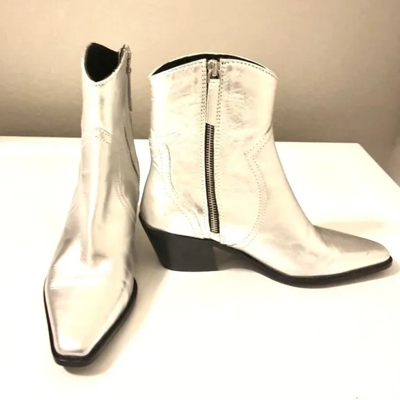 ZARA Silver Metallic Leather Cowgirl Ankle Boots 7.5 MSRP $199