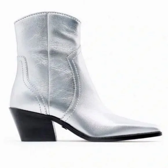 ZARA Silver Metallic Leather Cowgirl Ankle Boots 7.5 MSRP $199